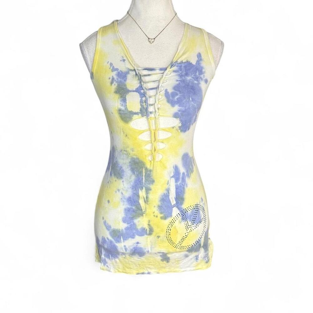 Y2K yellow and blue tie-dye tank top lace up back and rhinestone heart Size S